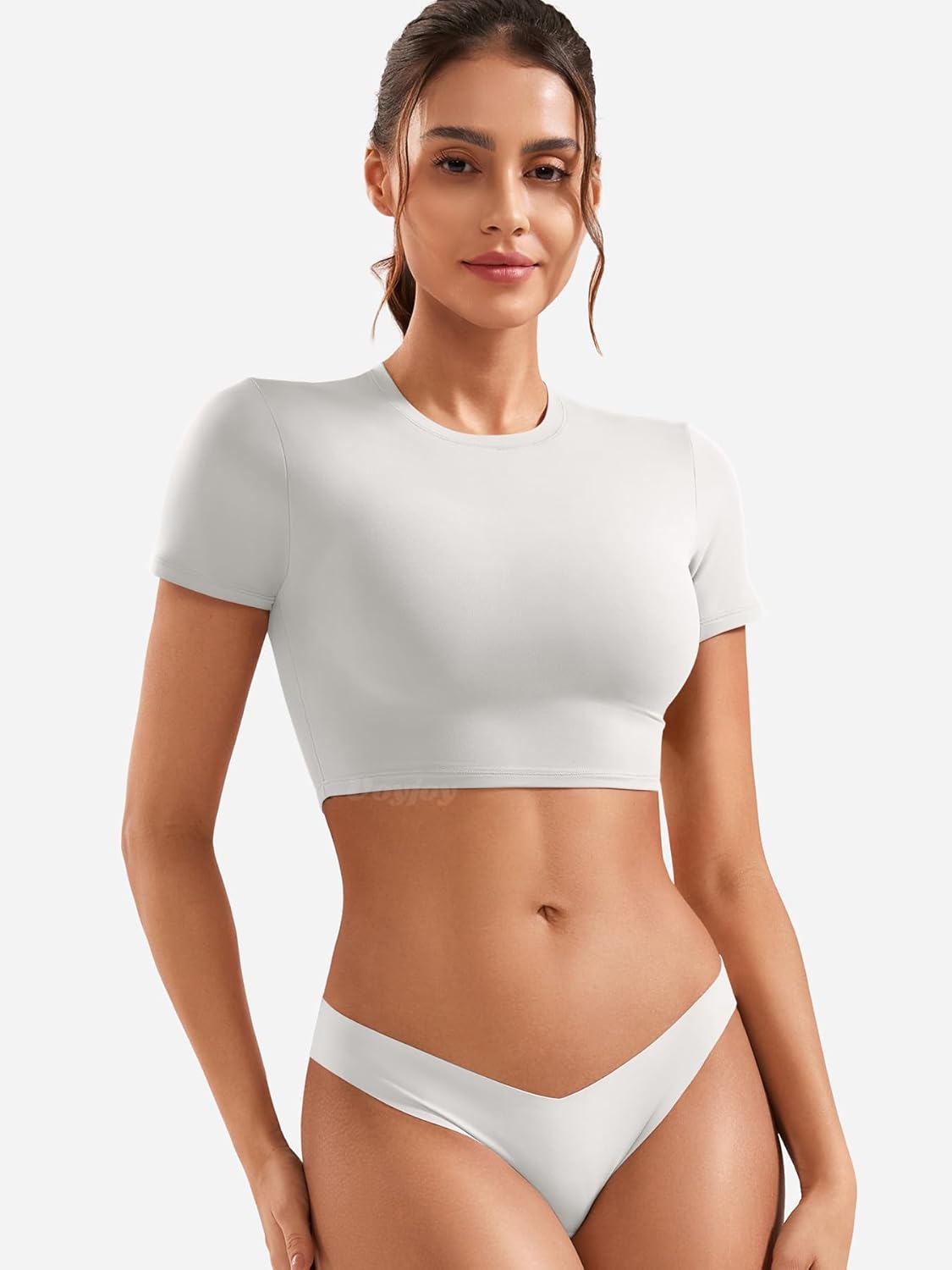 VOYJOY Womens Double Lined Fitted Short Sleeve Crop Tops Crew Neck Casual Workout T Shirts Cute Basic Tee - Image 4