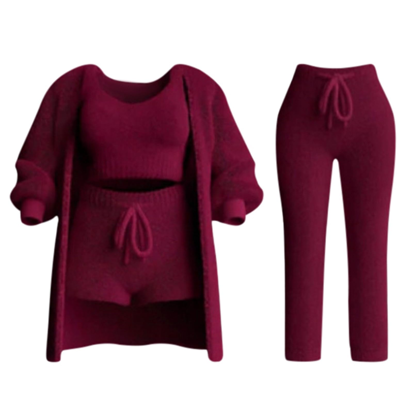 Pyjama court 3 pièces pour femme - Combinaison d'intérieur sexy élégante et solide - Ensemble basique col en V + short taille haute + manteau à manches longues - Ensemble pyjama sportif