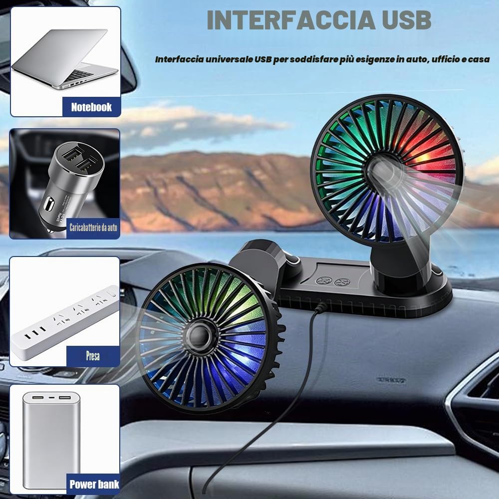 Ventilatore Auto Doppia Testa,5V USB Portatile Ventilatore Da Auto con 3 Velocità Regolabili, 360° Girevole Ventole Di Raffreddamento Da Auto con Luci Colorate per SUV VAN Ufficio Casa