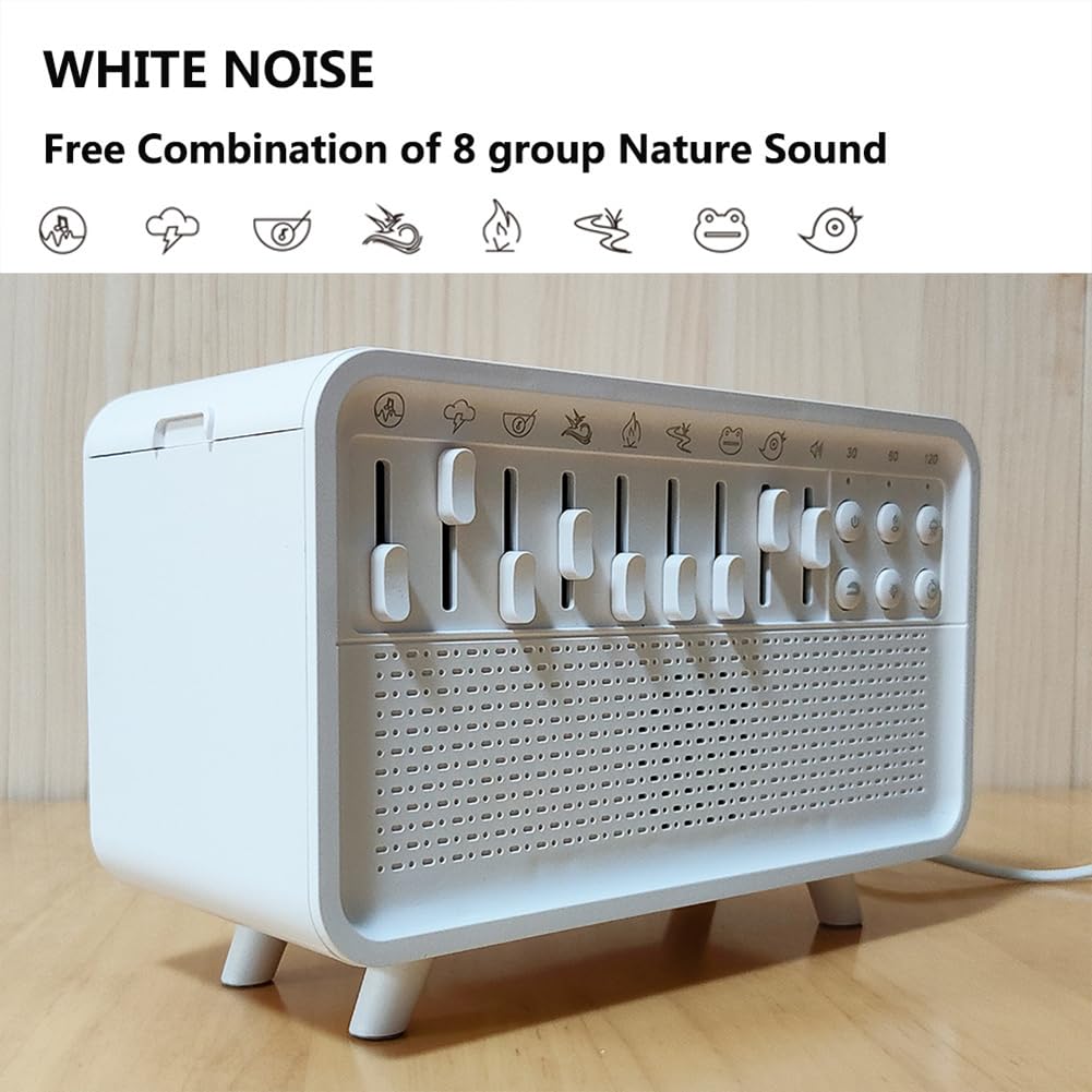 White Noise Night Light Humidifier, Bulora Sound Box White Noise Sound Machine mit 8 Umgebungsgeräuschen, Echo-Flammendiffusor, Bluetooth Lautsprecher, Sounds Machine for Zuhause