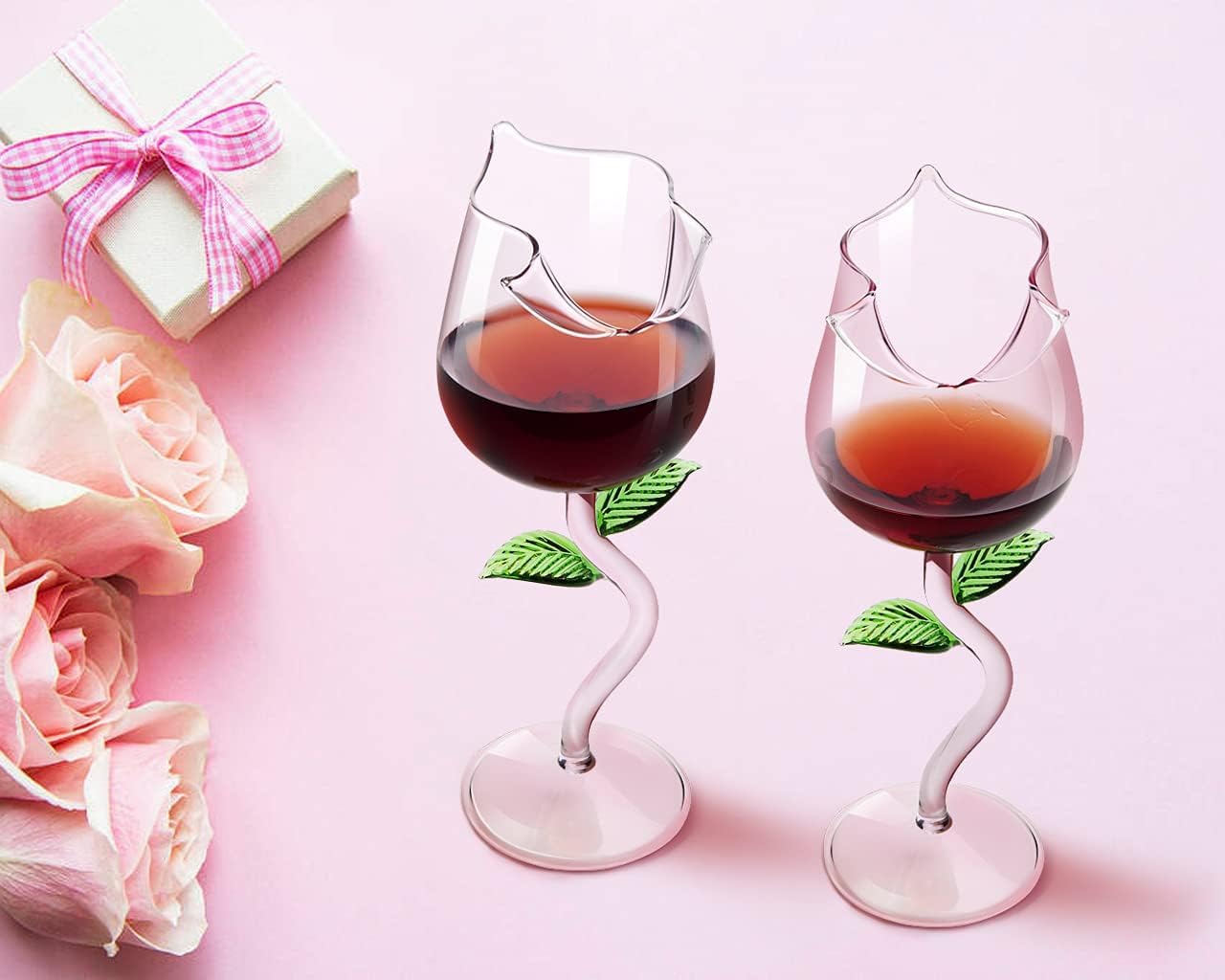 Lot de 2 verres à vin en forme de rose, verre à jus ou cocktail en forme de rose pour verre à vin rouge, ensemble de verres à rose pour cadeaux/fête/dîner/mariage/verres (rose et transparent, 280 ml)