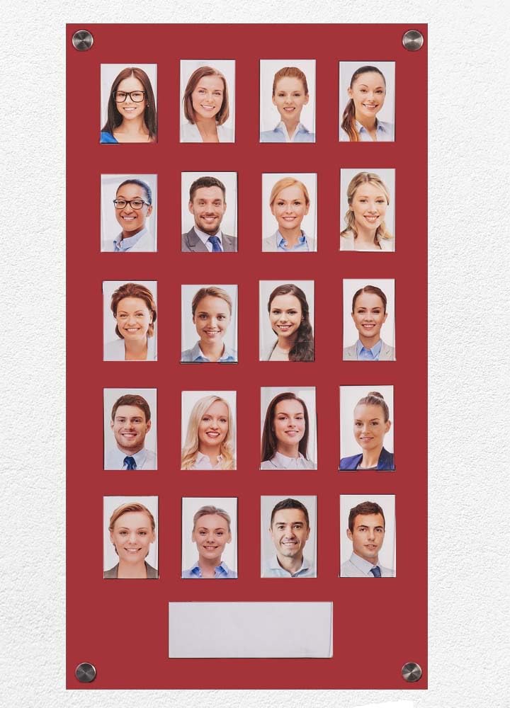 Get Acrylic Photo Frames - Red 20 Pocket Image Staff, Student, Employee Display Board With Pocket Header. 605mm Height x 328mm Width (60.5cm x 32.8cm)
