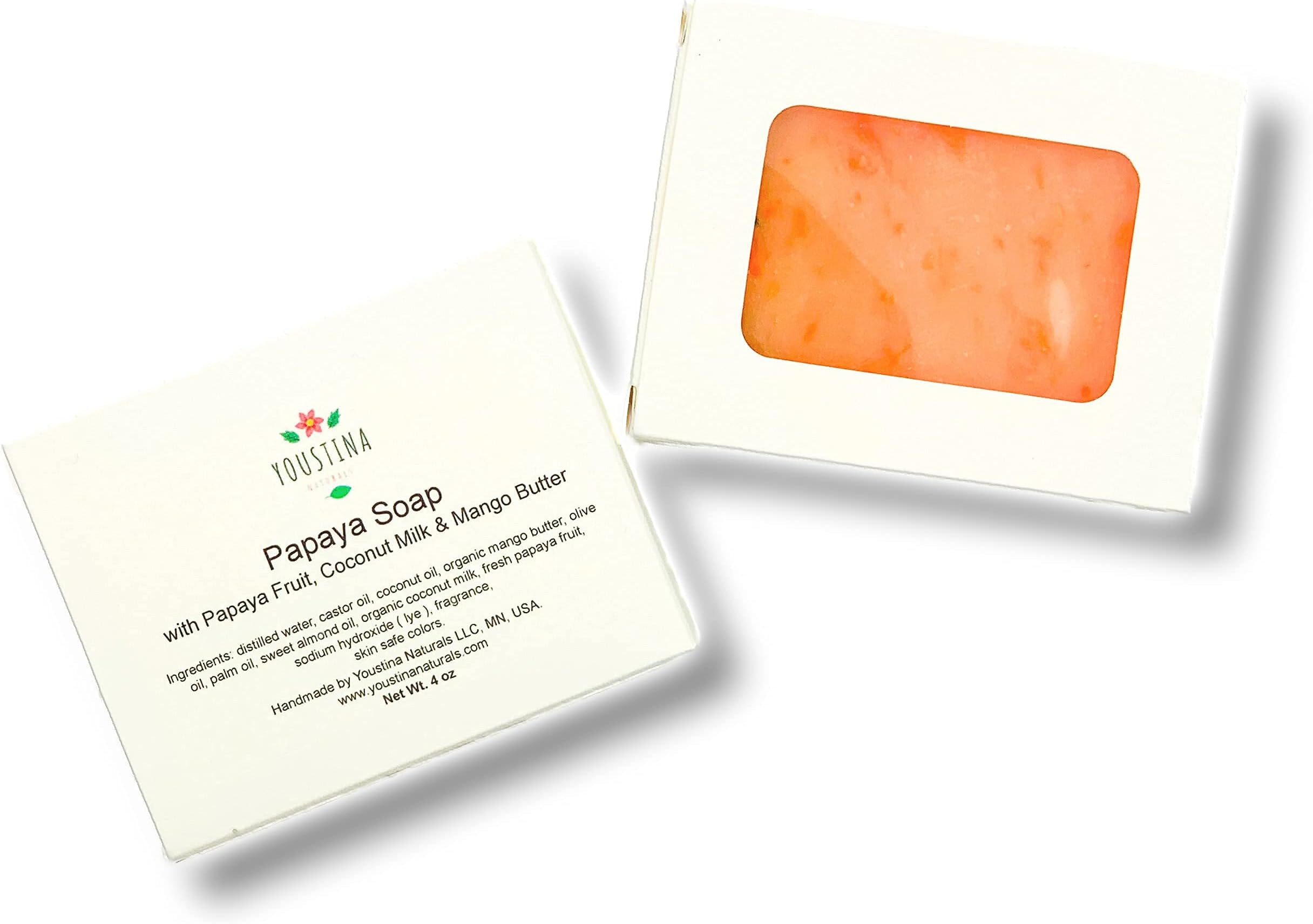 Natural Papaya Soap with Organic Coconut Milk, Mango Butter and Fresh Papaya Fruit 4 oz by Youstina Naturals (One Soap)