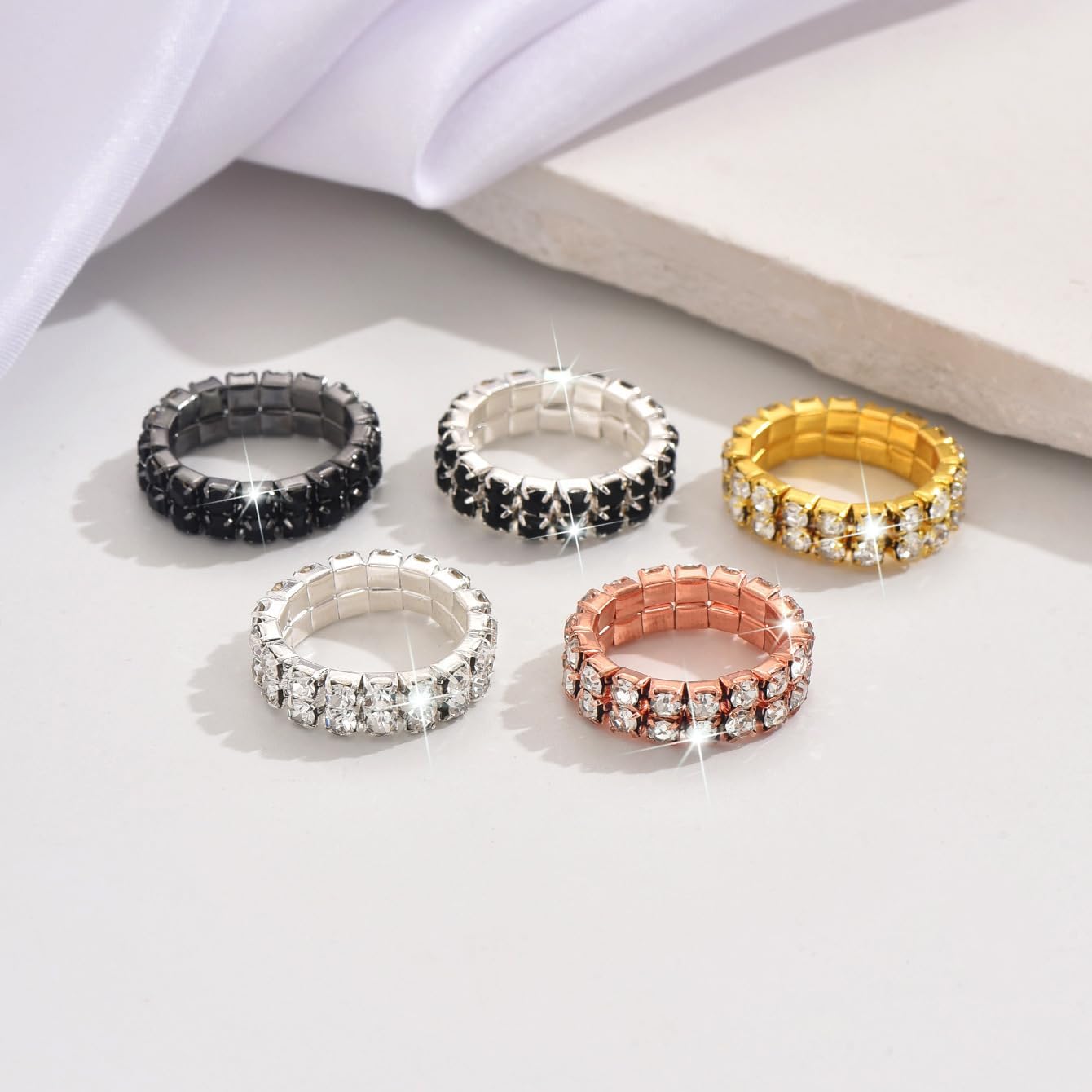 2PCS Rhinestone Stretch Ring for Women Sparkling Gold Silver Black Crystal Knuckle Ring Set Fashion Crystal Stackable Finger Rings Set Elegant Bridal Wedding Stretchy Statement Rings Jewelry - Image 5