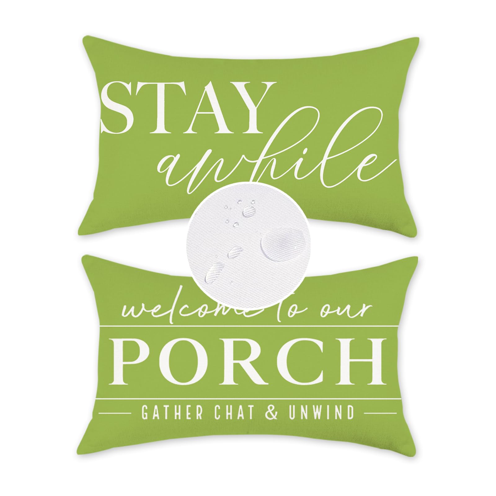 TAJWE Green Outdoor Pillow Covers Waterproof 12x20 Set of 2 Welcome to Our Porch Stay Awhile Cushion Cases for Patio Furniture Sofa Couch Decor