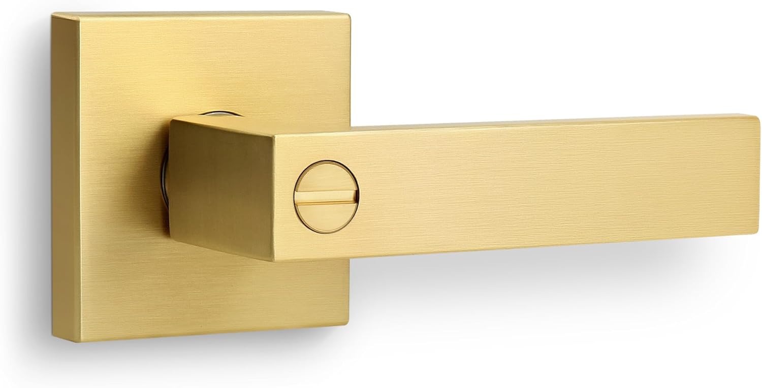 Brushed Gold Heavy Duty Privacy Door Lever with Lock, Square Design Interior Door Lever No Key, Reversible Handle for Bedroom and Bathroom Door Lock, Satin Brass