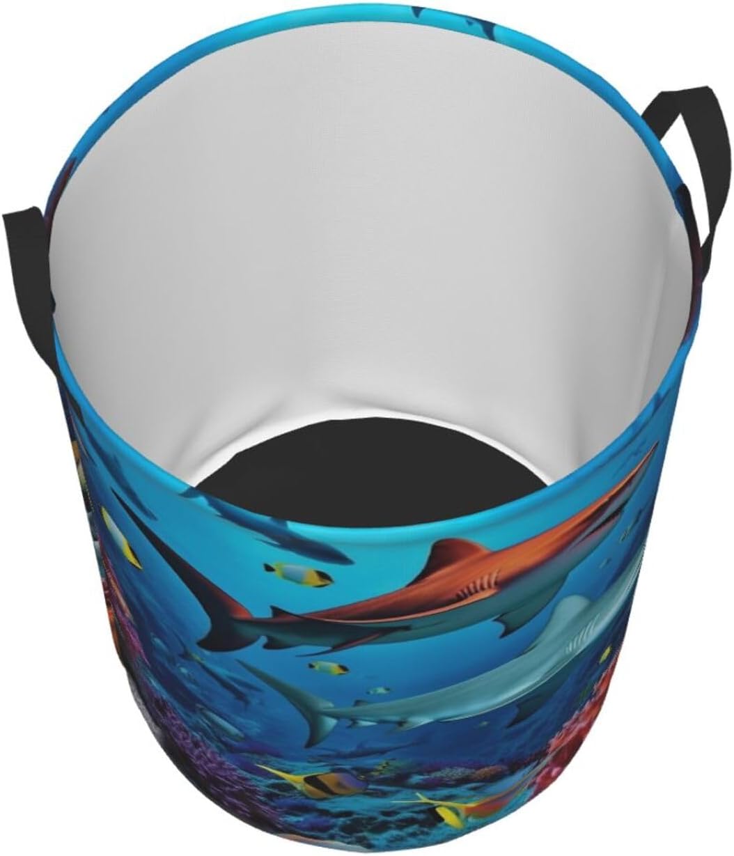 Fish Sharks Coral print Circular Hamper Waterproof Storage Bin Organizer Basket Laundry Hamper With Handles For Clothes Toys Small
