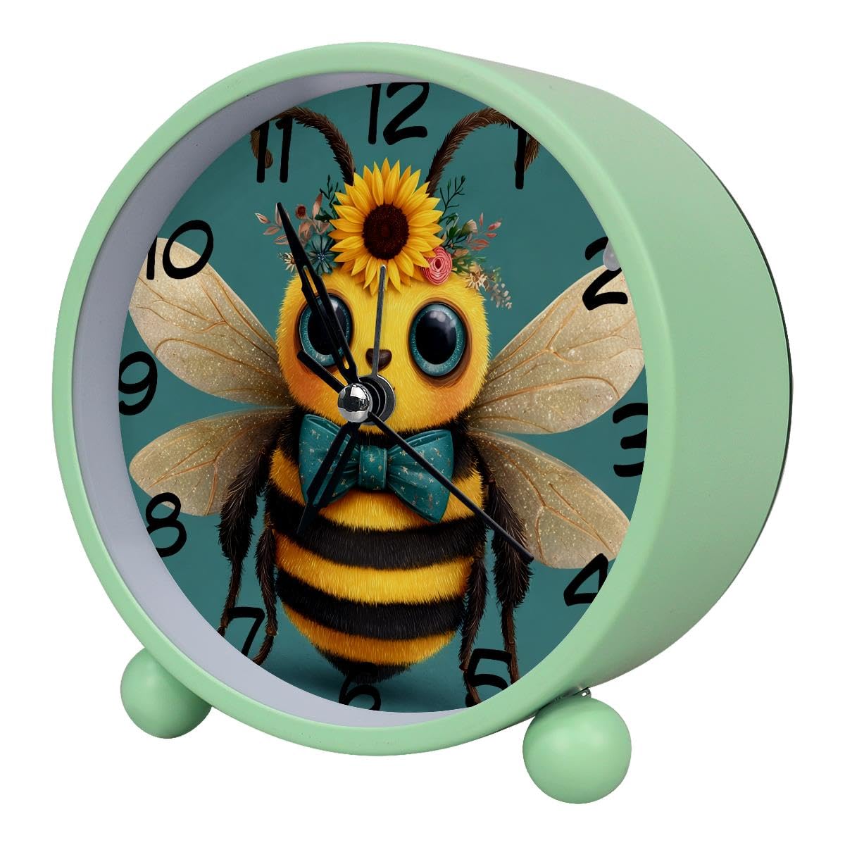 Luoweisi Analog Alarm Clock Bee, Silent Non-Ticking with Night Light, Battery Operated, Round Desk Alarm Clock for Office, Bedroom, Elderly, Adults, Children, Student Gifts