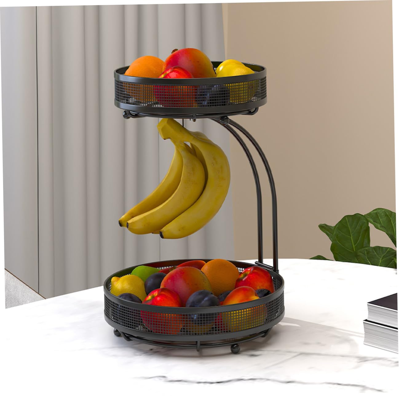 Beaupretty 2-stöckiger Obstkorb aus Eisen mit Großem Fassungsvermögen und Bananenaufhänger Schwarzer Küchenkorb für Desktop Lagerung von Gemüse und Snacks