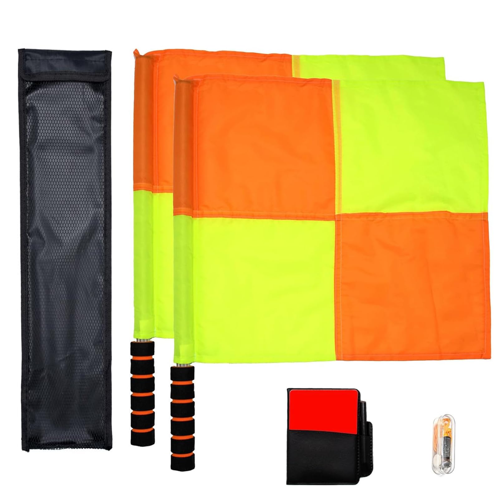 Fußball-Schiedsrichterflagge, kariertes Linienführungsflaggen-Set mit Aufbewahrungstasche, Metallstange, Schaumstoffgriff, wasserdicht, rot-gelbe Karten mit Notizbuch und Bleistift, Edelstahlpfeifen