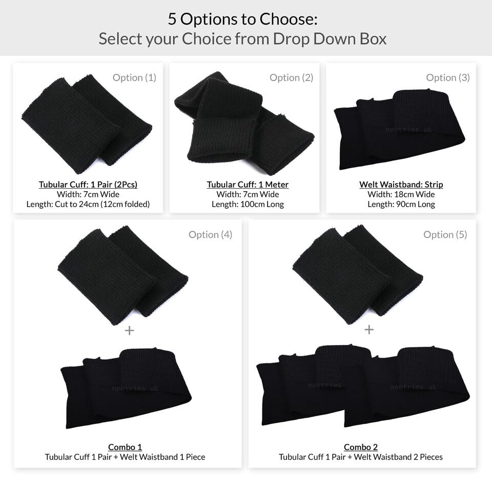 Rib Knit Trim Fabric Cuffing Tubular Cuff & Matching Waistband Ribbing Trimming.Single or Combo to Trim Whole Garment,Cuffs,Hem & Neck Band, British Made. Black Tubular Cuff 1 Pair2