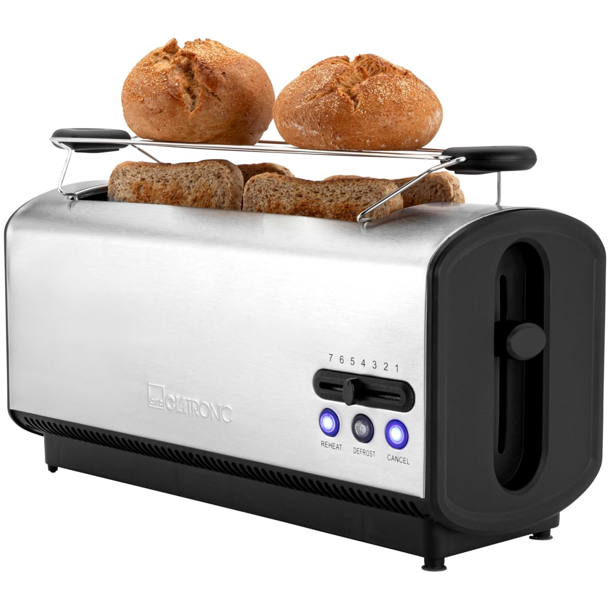 Clatronic® Toaster mit Brötchenaufsatz | 4 Scheiben | Langschlitztoaster | Edelstahlgehäuse | Toaster 4 Scheiben | Auftau-/Aufwärm-/Schnellstoppfunktion | Krümelschublade | 1200W | TA 3687