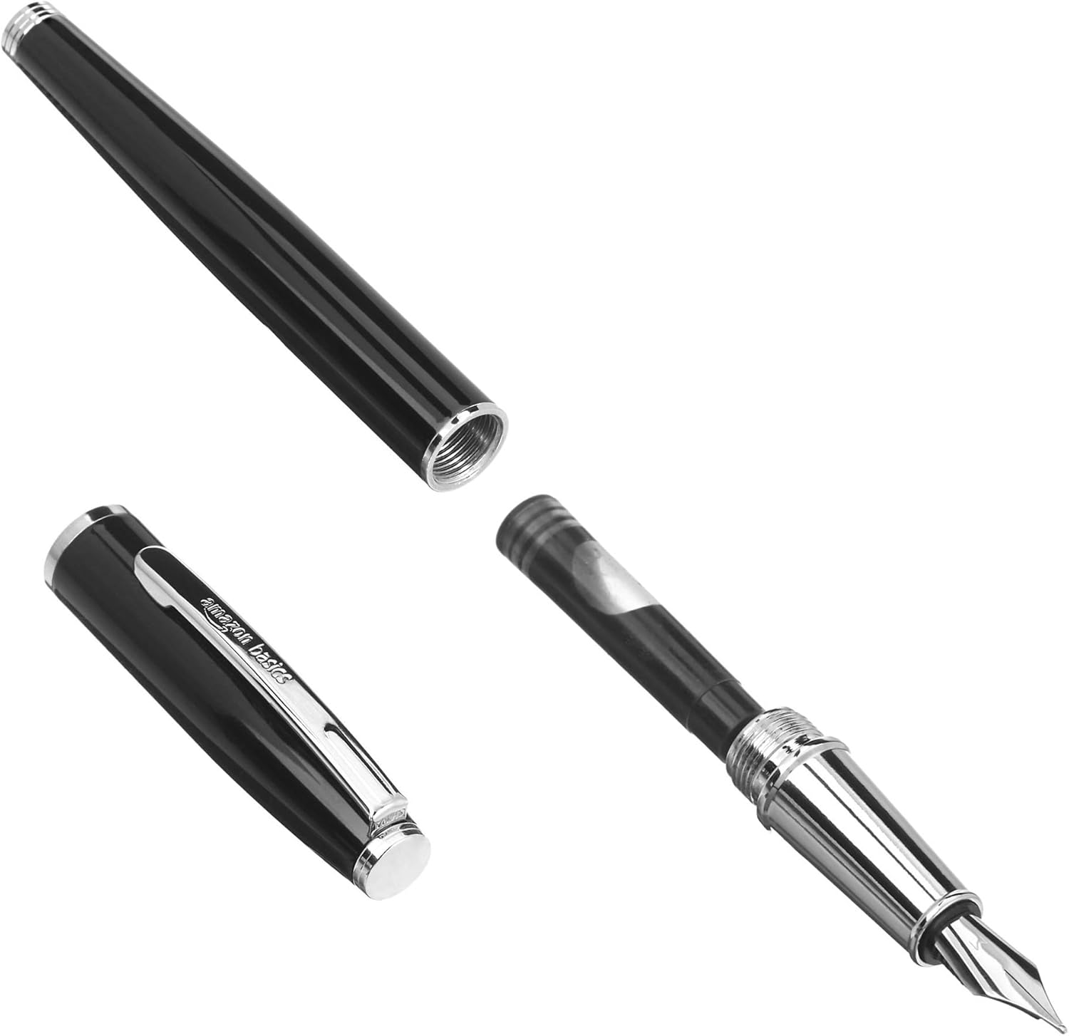 Amazon Basics Refillable Fountain Pen with Smooth Writing, Medium Point, Black Metal Barrel, Black Ink, 2 Replacement Cartridges - Image 3