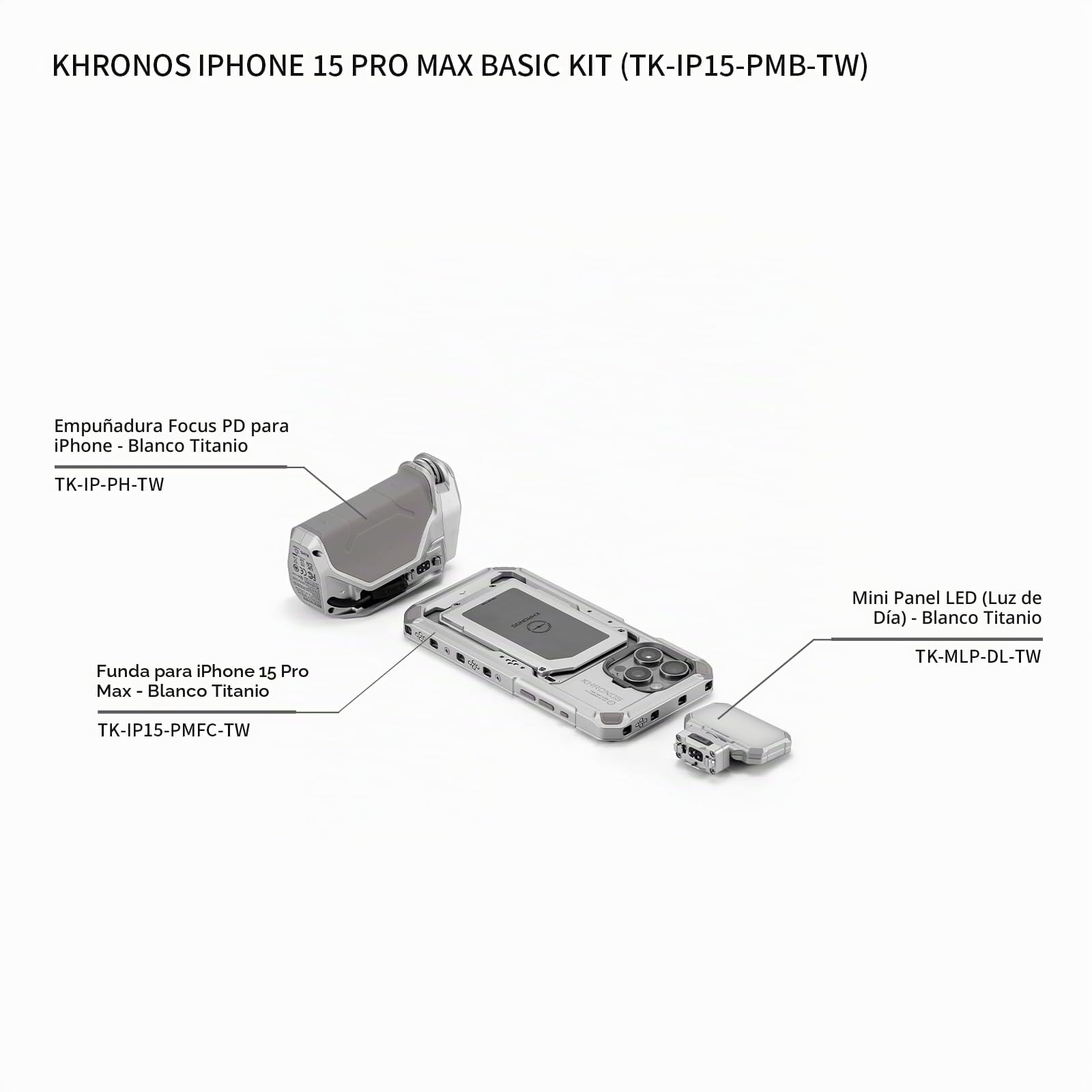 TILTA Khronos - Jaula de teléfono para iPhone 15 Pro Max con mini panel LED y mango Focus PD, equipo de video móvil, estabilizador de funda para smartphone, kit básico de titanio blanco TK-IP15-PMB-TW