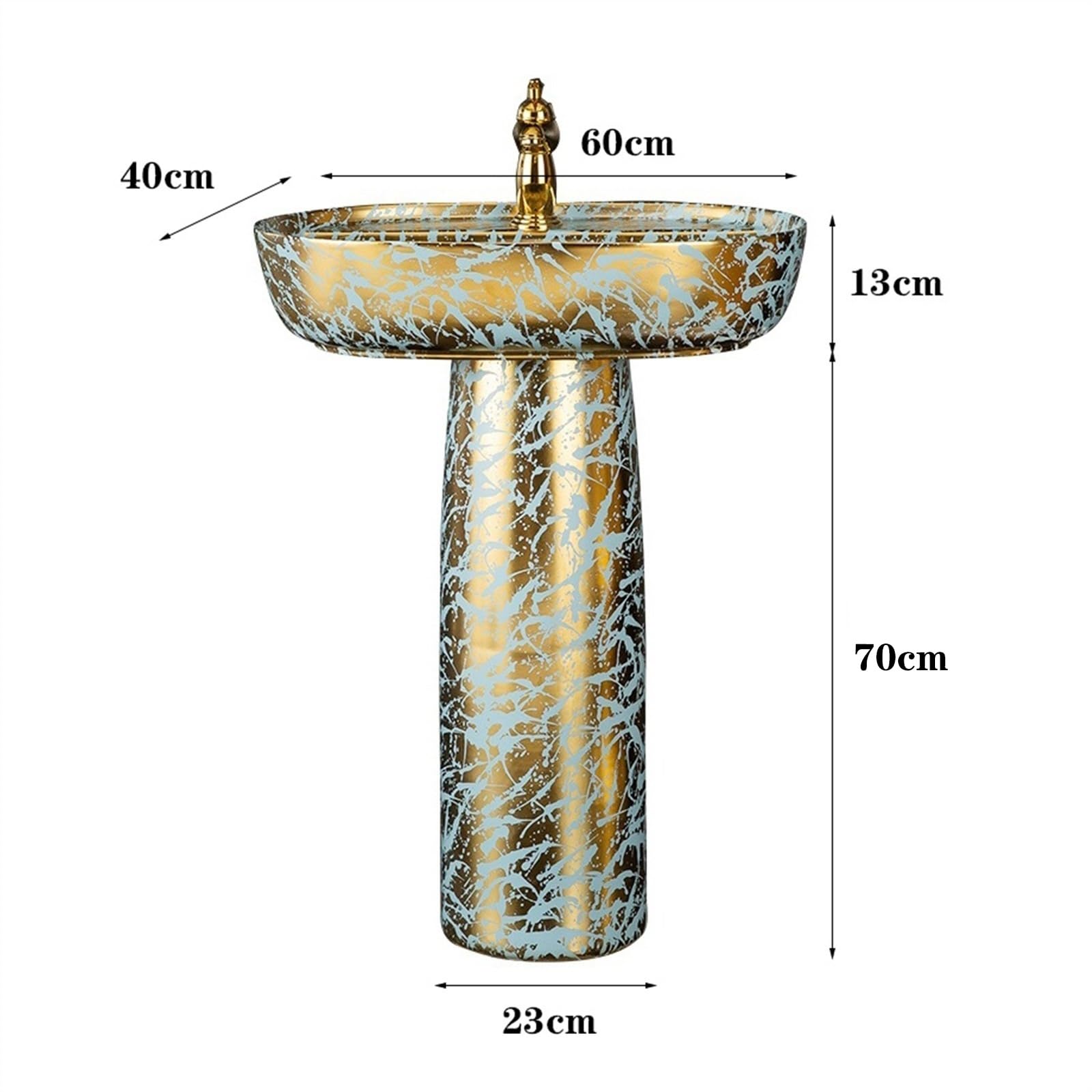 Light Luxury - Lavabo de columna dorada de 2 piezas, combo de lavabo de pie con grifo y drenaje y espejo, lavabo artístico de cerámica, tamaño A, B-One Size