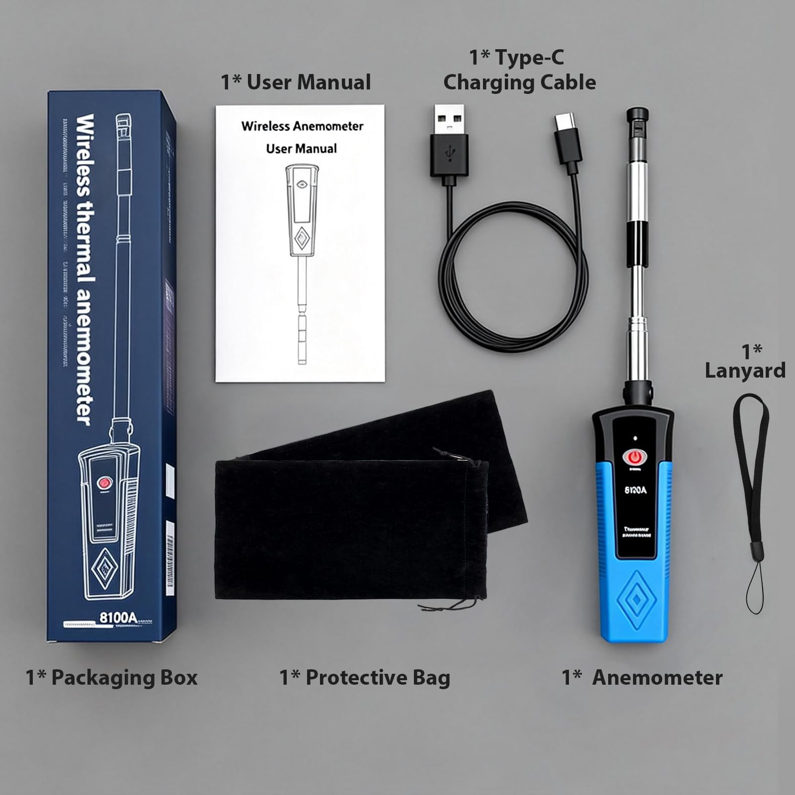 Anémomètre à fil chaud portable Bluetooth avec sonde télescopique, mesure débit d'air CFM 1-99,5 mph, température