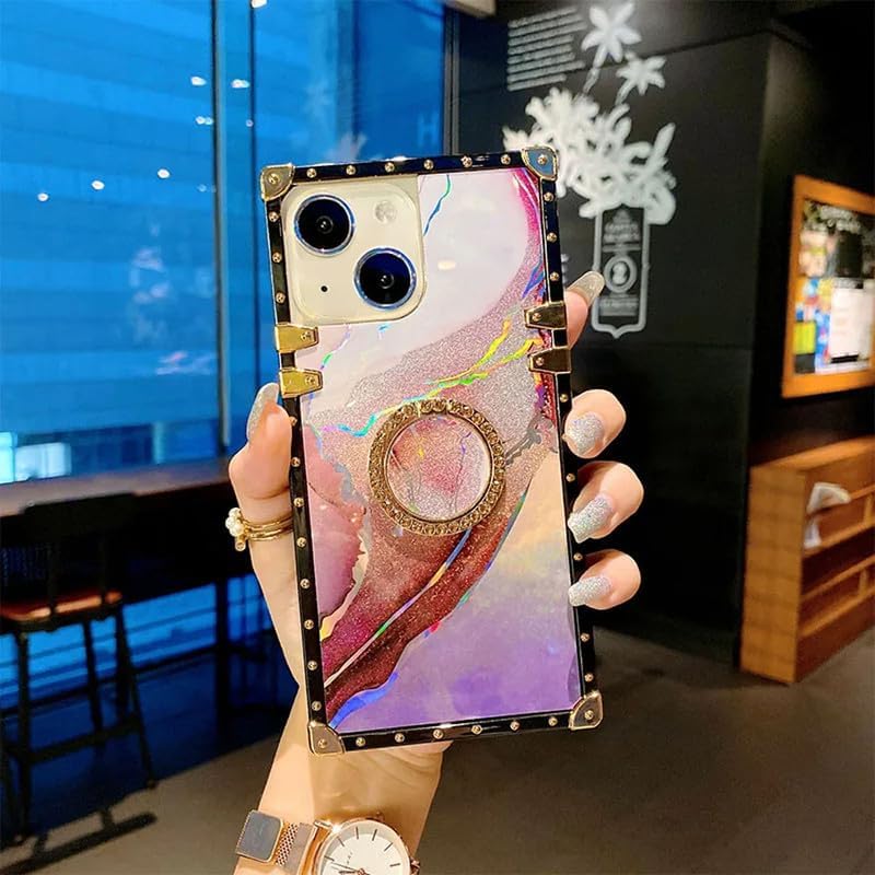 Image of LuxuryKase Premium Marble Design Shockproof Trunk Frame Case with Rotating Ring Holder for iPhone 15 Plus | Stylish Protective Cover with Studded Edges - Pink