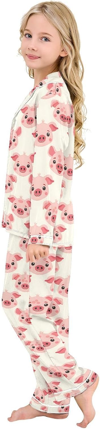 Cartoon Pig Face A Satin Pajama Sets Long Sleeves Nightwear Button Down Sleepwear