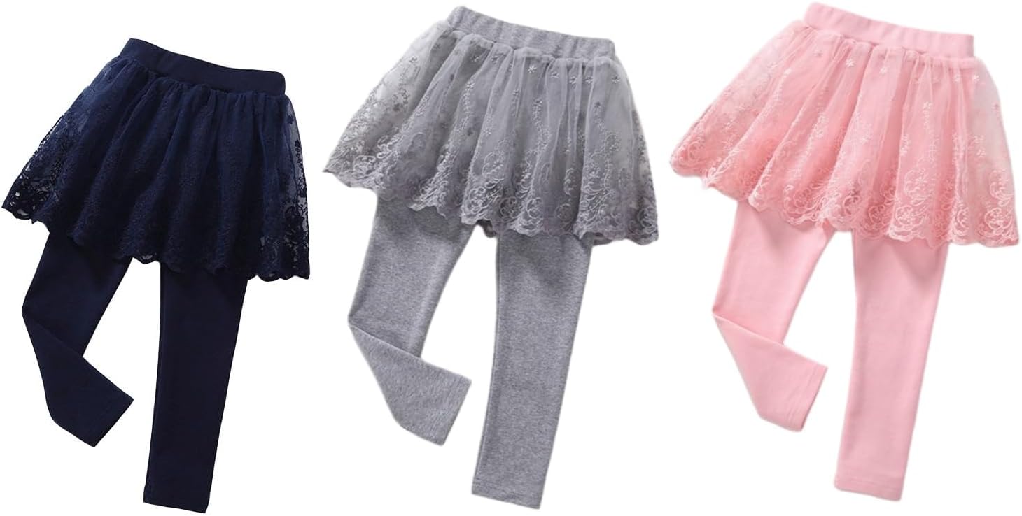 Baby Girls Footless Leggins with Tutu Ruffle Lace Flower Skirt Toddler Cotton Pantskirt for 1-7 Years Old