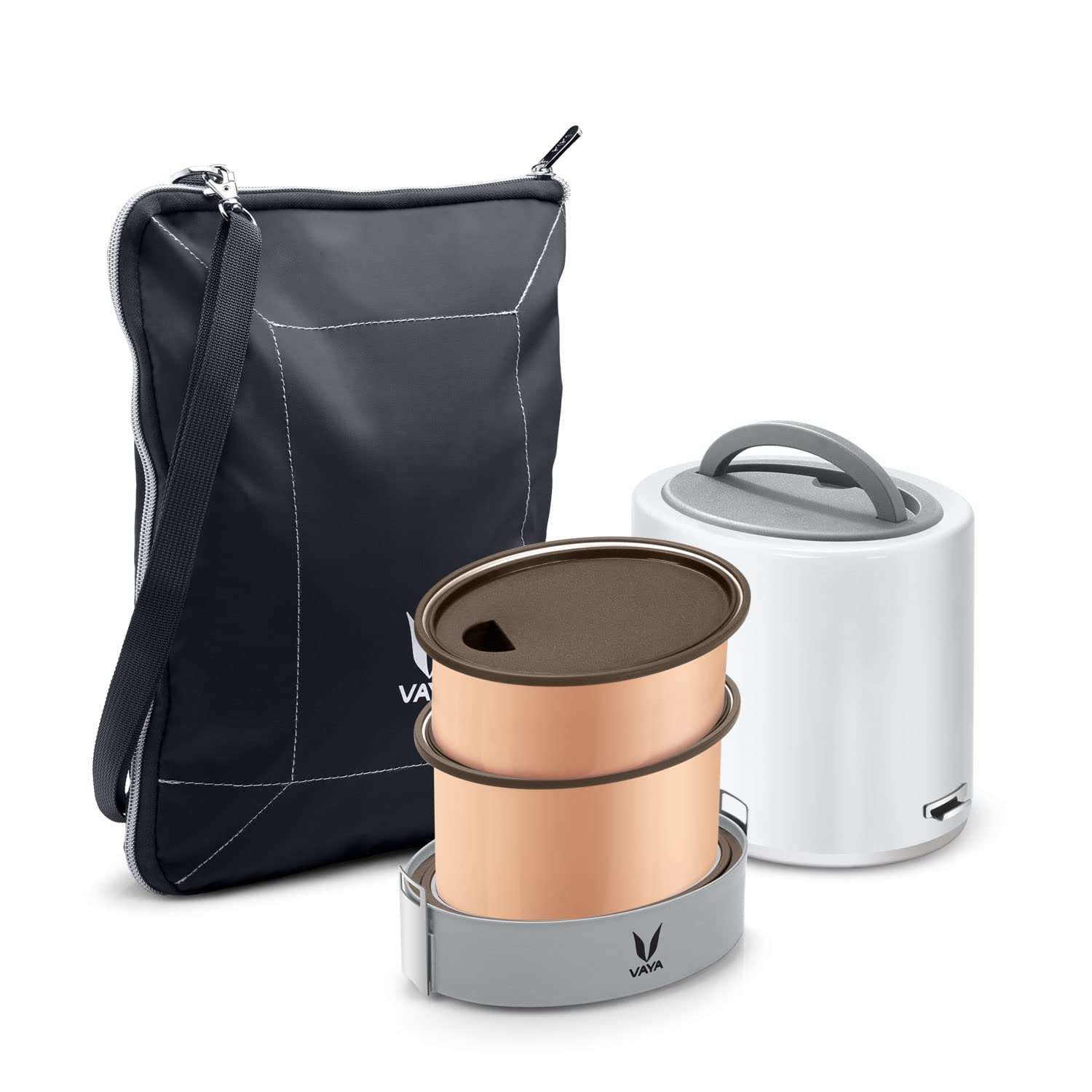 VAYA TYFFYN Stainless Steel Insulated Lunchbox, Set of 2 Copper Food Containers with BagMat, Carry Healthy Meals to School, 1000 ml, White