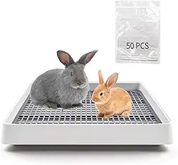 Caixa de areia de coelho grande para gaiola, caixa de areia de coelho, grade de banheiro com 50 peças, forro descartável para gaiola de coelho, bandeja de areia de porquinho-da-índia com grade