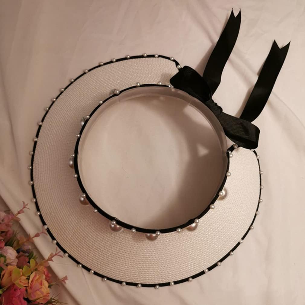 Classic White Large Brim Hollow Top Straw Hat Pearl Sun Hats Travel Seaside Sunshade Cap Foldable Black Bow Ribbon Beach Hat - Image 8