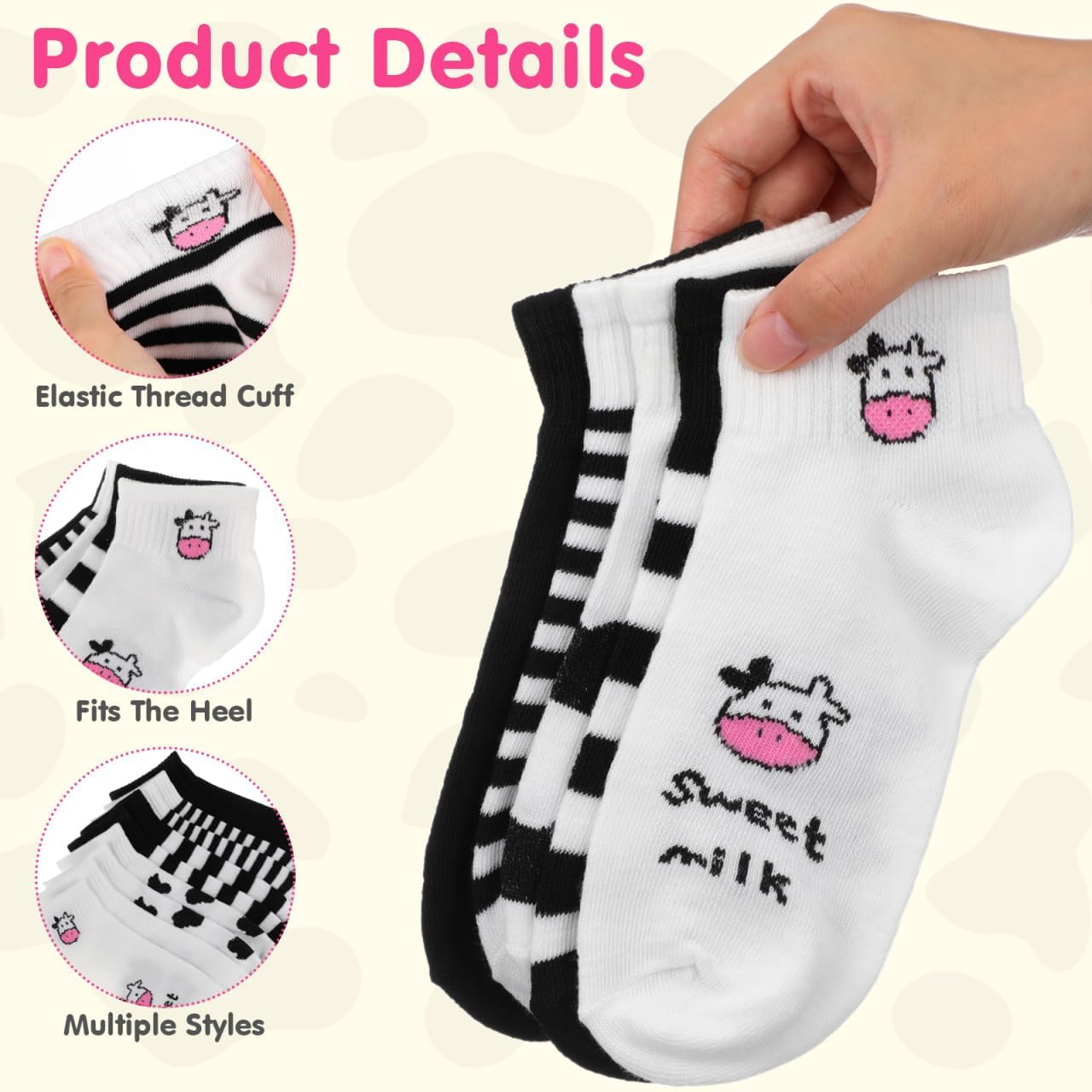 Cow Socks For Women Girls, 5 Pairs Cow Print Sock For Kids, Cute Cotton Striped Ankle Socks, Black White Short Casual Socks For Winter Christmas New Year Gift - Image 8