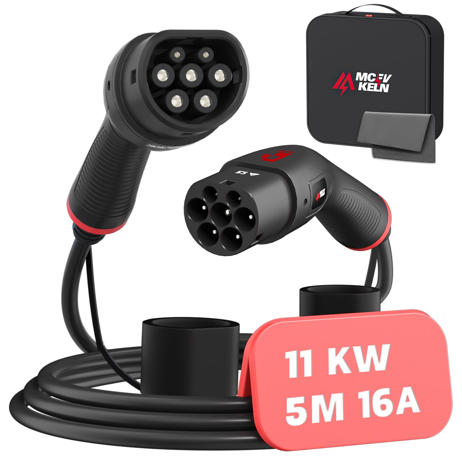 MCEVKELN Typ 2 Ladekabel 11KW 3 Phasig - 16A Ladekabel Typ 2 für Elektroautos & Hybrid 5M Mode 3 Ladekabel Elektroauto Typ 2 EV Charger kompatibel mit E-208, 500e, Zoe, ID.4, ID.5, Model S/X/Y/3