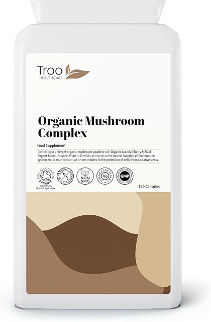 Organic Mushroom Complex 120 Capsules - 6 Shrooms with Organic Acerola, Turmeric & Black Pepper - Maitake, Reishi, Shiitake, Chaga, Cordyceps, Lion's Mane - Soil Association Certified