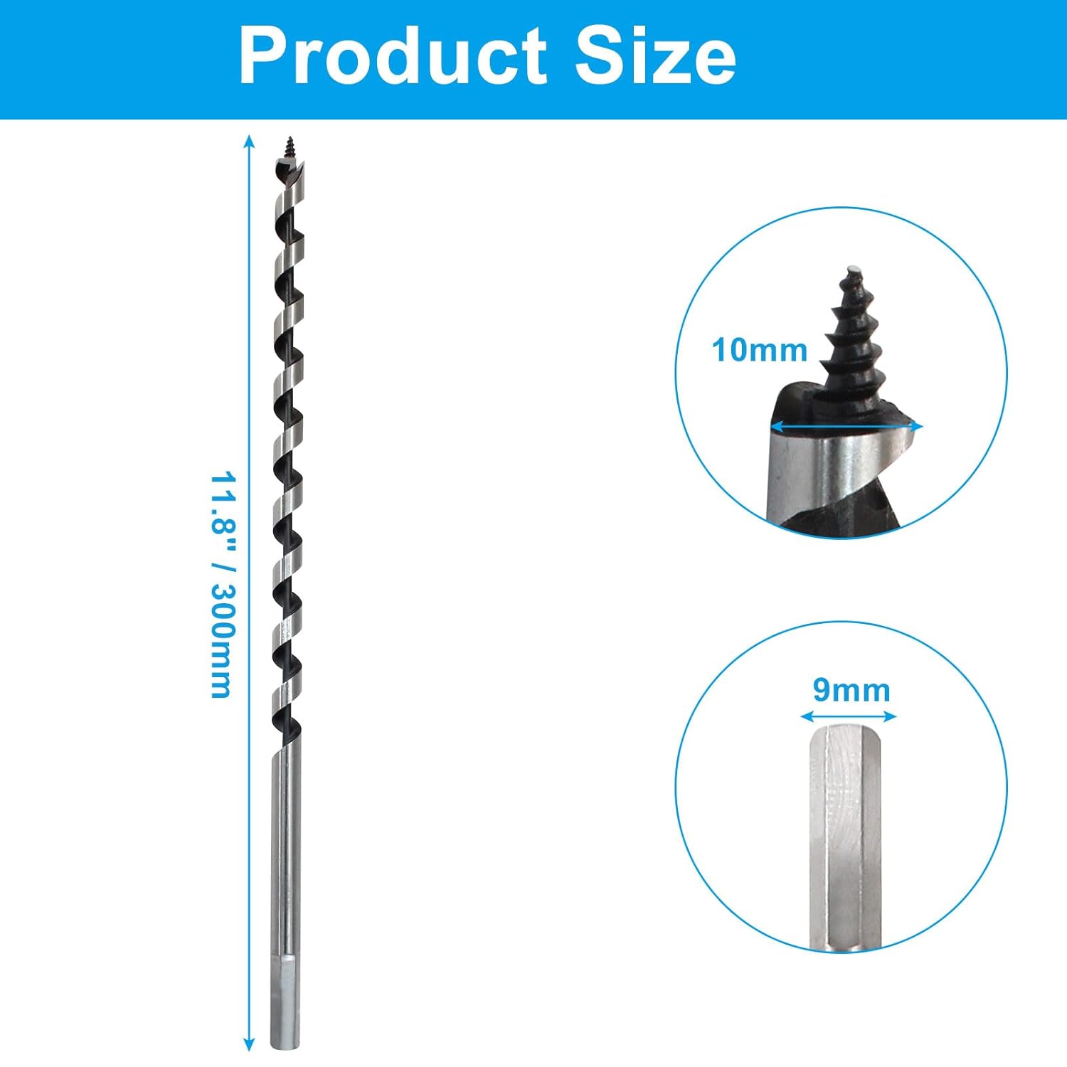 3/8 Inch Diameter Wood Auger Drill Bit, 12 Inch Long Ship Auger Bit for Soft and Hard Wood, Hex Shank Drill Bit for Hole Cutter, Tree Stump, Plastic, Drywall (10 x 300 mm)
