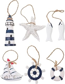 6pcs Nautical Hanging Decoration Mini Beach Ornament Resin Ring Buoy Sailboat Fish Wheel Lighthouse Coastal Wall Decor