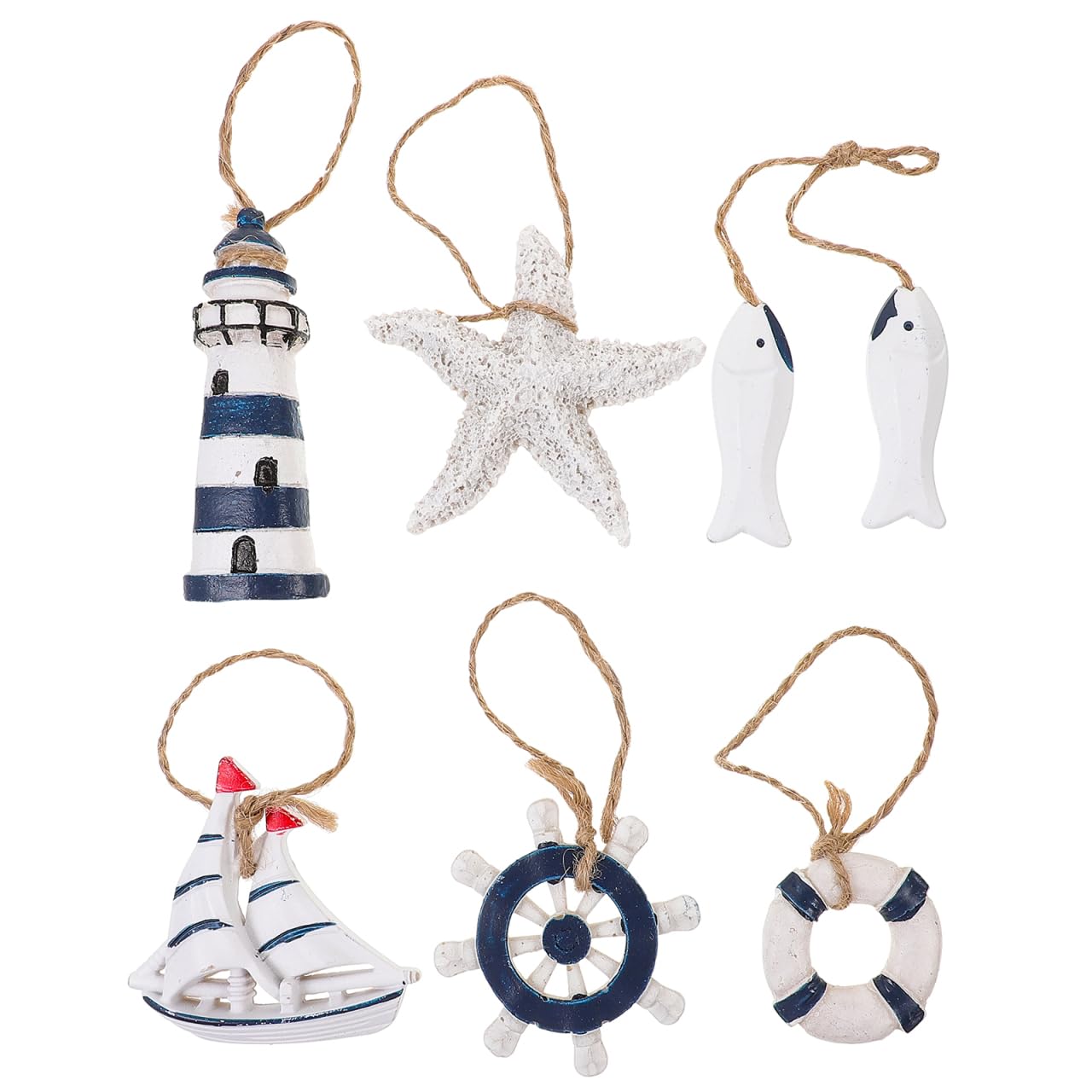 NOLITOY 6pcs Mediterranean Style Resin DIY Pendant Set, Sea Theme Wall Hanging Ornaments Including Marine Wheel, Sea Star, Sailboat, Lighthouse, Fish, Lifebuoy for Beach Bathroom Decor