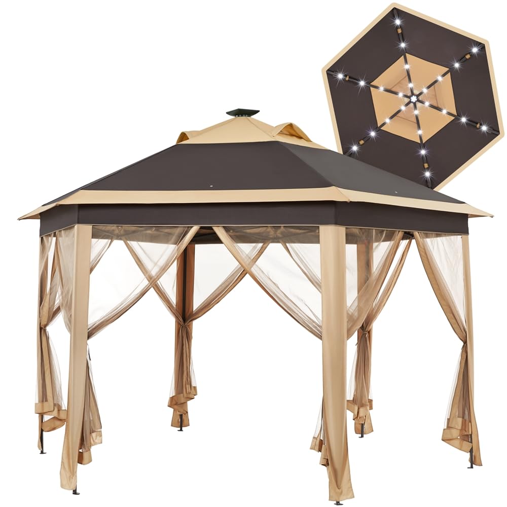 Yaheetech 13×13 Pop-Up Patio Gazebo Tent W/Mesh Netting Sides & 25 Solar LED Lights, Hexagonal Double Vented 3 Height Adjustable Gazebo with Storage Bag for Backyard, Garden, Lawn, Khaki & Brown