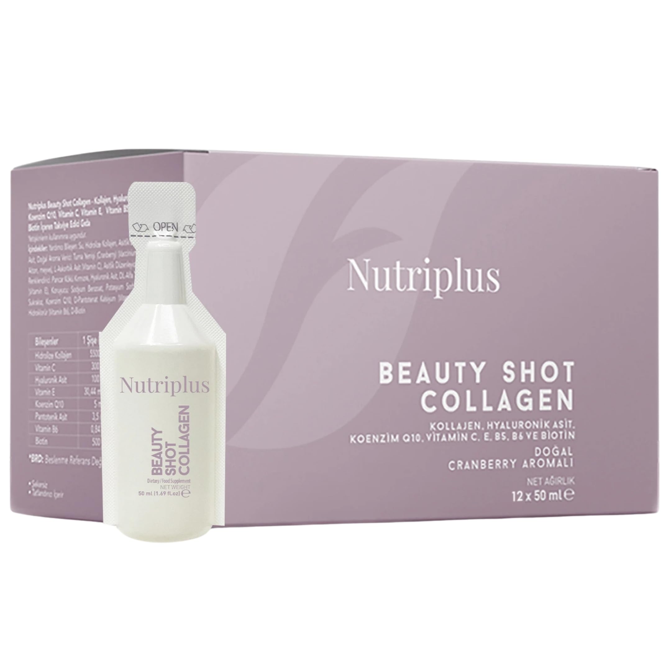 FARMASi Nutriplus Beauty Shot Collagen – Type I & III Collagen with Hyaluronic Acid, Biotin & Vitamins, Sugar-Free Cranberry Flavor, 1.69 fl oz x 12 Shots