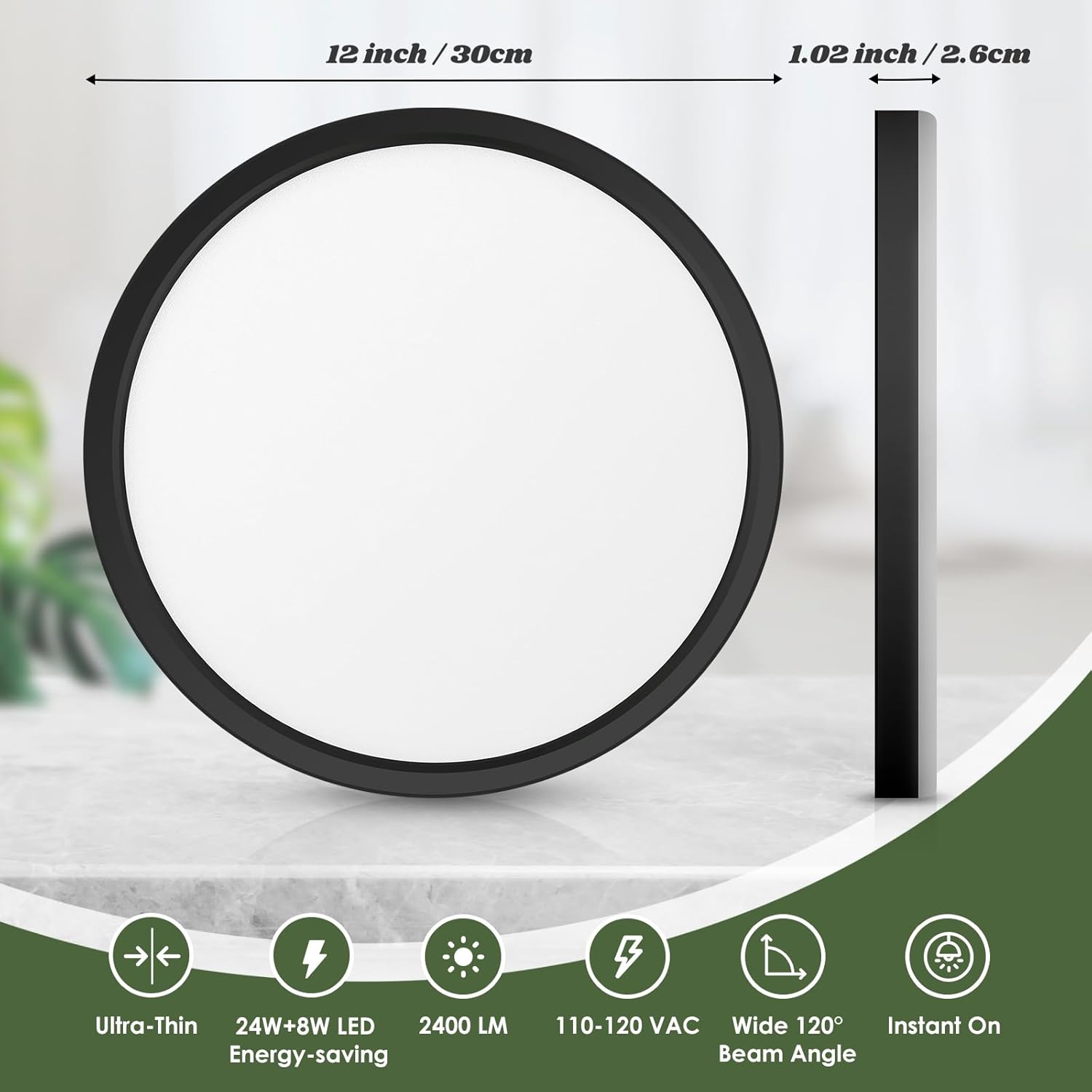 Brightever Black LED Flush Mount Ceiling Lights with Night Light, 12 Inch 2 Packs, 24W 2400LM Ceiling Light Fixtures, Dimmable & 2700K-6500K 5 Color in One Ceiling Lamp for Kitchen, Hallway, Closet