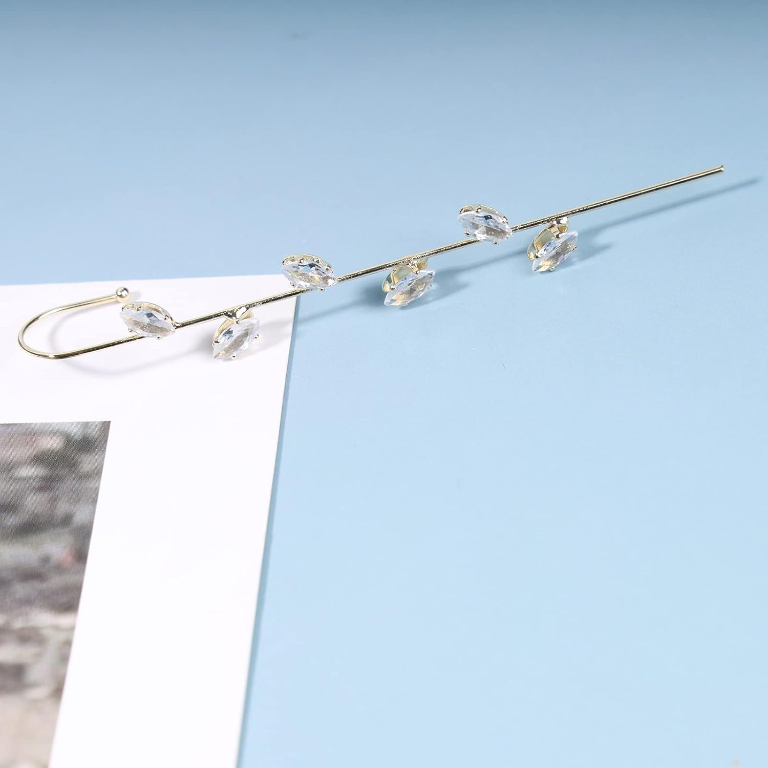 Andelaisi Boho Rhinestone Leaf Earrings Stick Ear Wrap Earring Gold Ear Ear Wrap Crawler Hook Earrings Gold Edge Pin Hook Cuff Earrings Inlaid Rhinestone Hook Earrings Jewelry for Women - Image 4