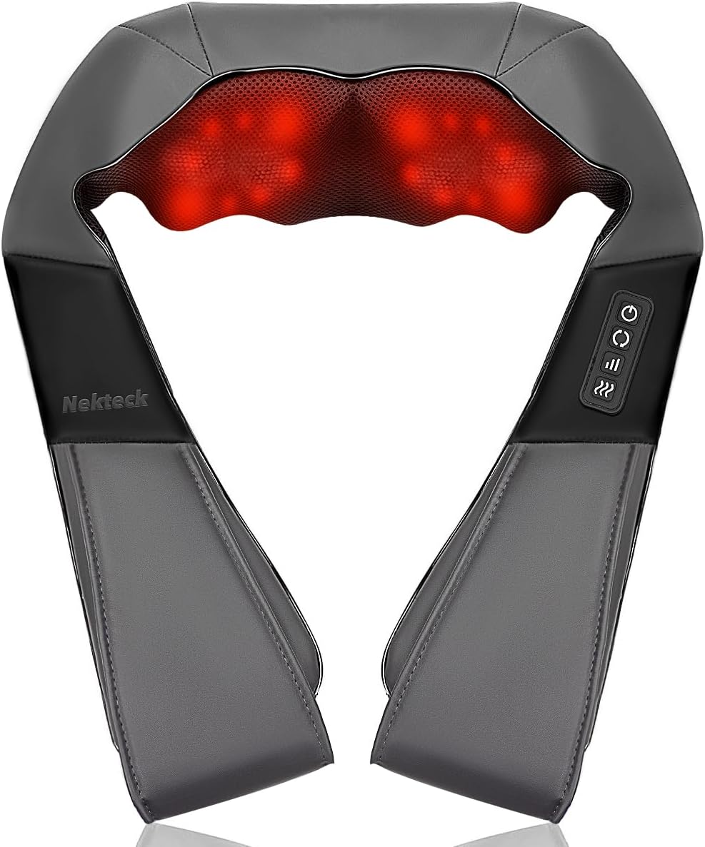 Nekteck Shiatsu Neck Massager with Heat for Pain Relief Deep Tissue, 2026 Upgraded 3D Back Shoulder Kneading Massage Pillow, Body Muscle Relaxation Tool Gifts for Him Her Mom Dad, Gray (NOT Cordless)
