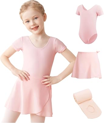 Daydance Lined Spandex Girls Dance Leotards with Removable Ballet Skirts, Dance Tights 3 in 1 Set