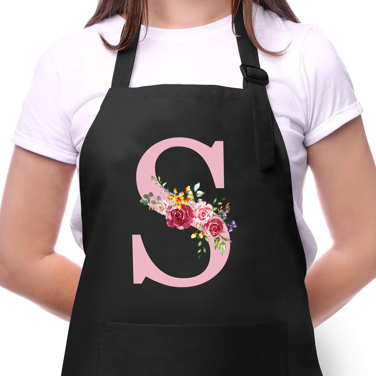 Delantal Cocina Mujer con Inicial y Flores, Delantales Impermeables con Bolsillos, Delantal de Barbacoa Ajustables para Cocina Café Jardinería Hornear, Regalo de Cumpleaños para Mamá Esposa Abuela S
