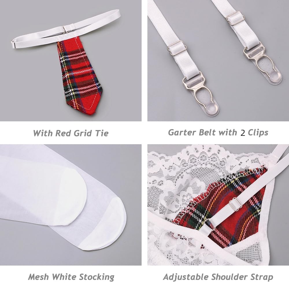 WBDWWTD Set di Lingerie Sexy per Cosplay da Donna Costume da Gioco di Ruolo Uniforme JK Mini Gonna a Pieghe con Reggicalze e Calze Reggiseno e Abito in Pizzo Trasparente, Completo da Gioco Birichino