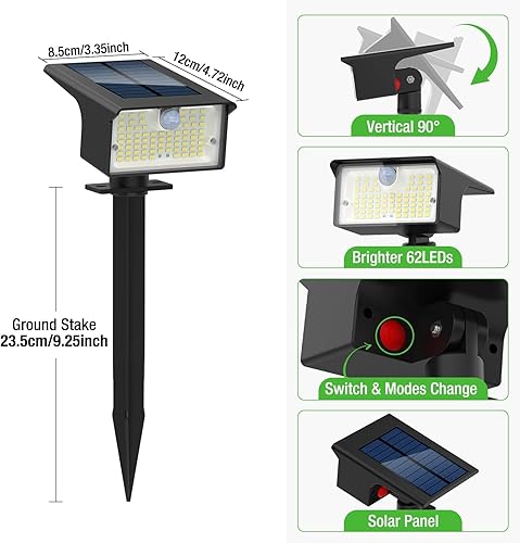 Miniatura 7 de Nipify Focos solares con sensor de movimiento para exteriores, 2 unidades62 LED3 modos de iluminación solar para paisaje, impermeables, 2 en 1,