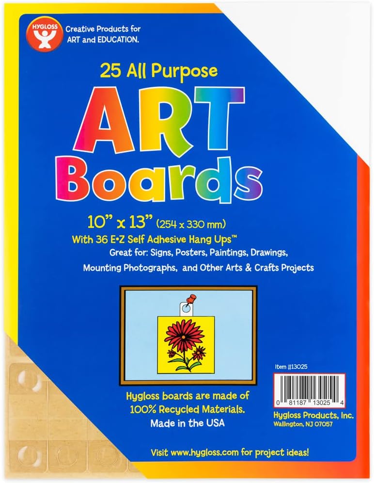 Hygloss Art Board with Hang Tabs - Great for Artwork, Arts & Crafts Supplies, Classroom or Home Projects & More - 25 White Sheets & 36 Clear Self-Adhesive E-Z Hang-Ups per Pack - 10"x13"