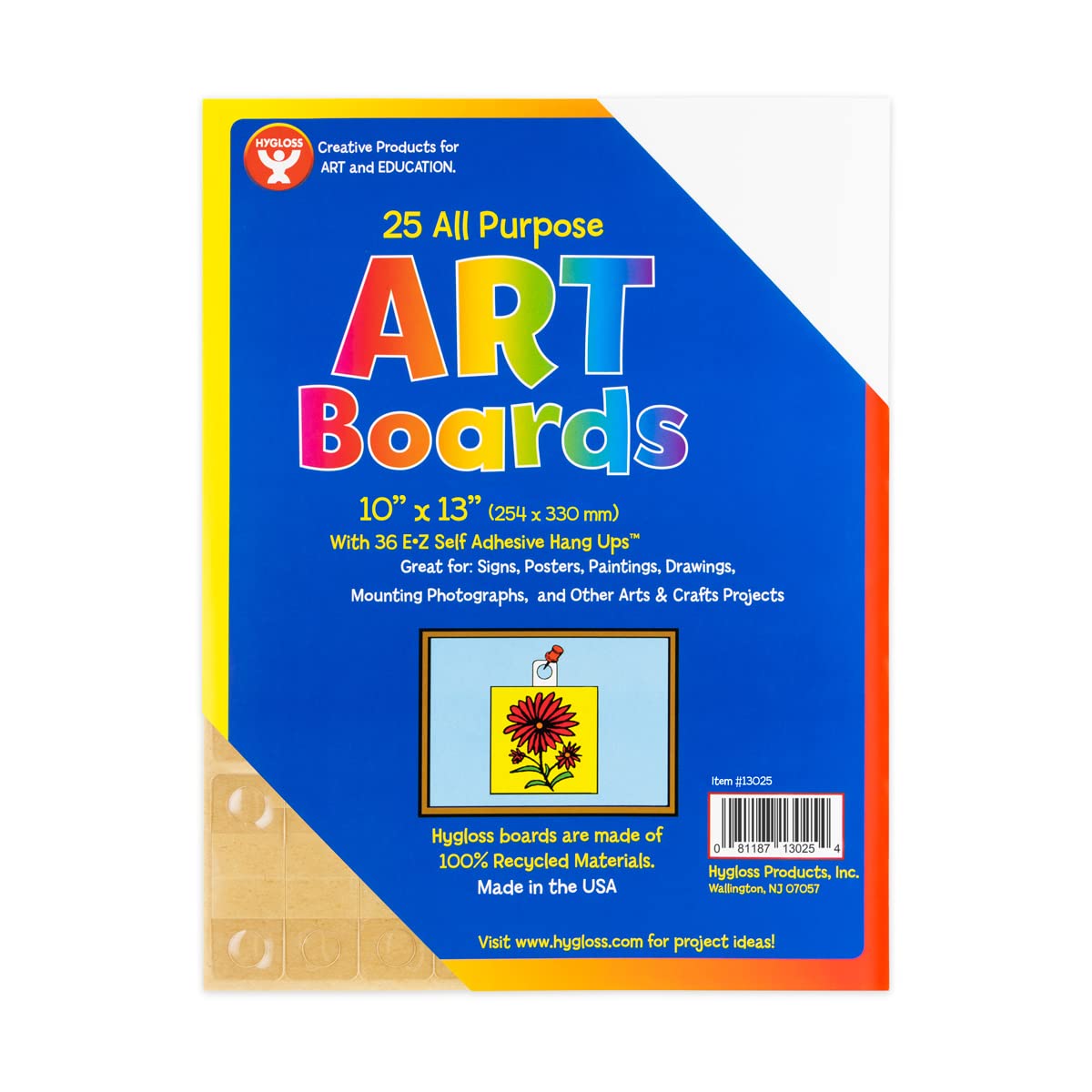 Hygloss Art Board with Hang Tabs - Great for Artwork, Arts & Crafts Supplies, Classroom or Home Projects & More - 25 White Sheets & 36 Clear Self-Adhesive E-Z Hang-Ups per Pack - 10