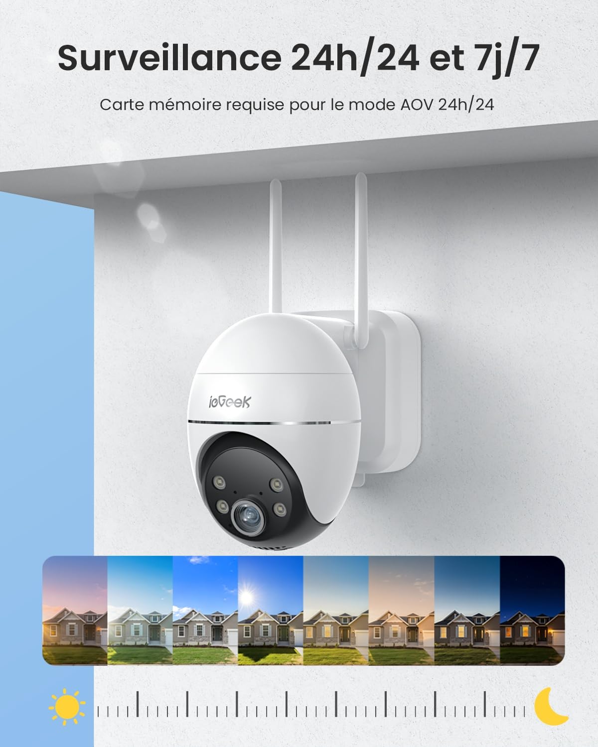 ieGeek 24/7 Enregistrement AOV 2K Camera Surveillance WiFi Exterieure sans Fil Solaire, Suivi Automatique, 360° PTZ, Batterie 9000mAh, 30m Détection Humaine par AI, Alarme Lumineuse et Sonore, S7