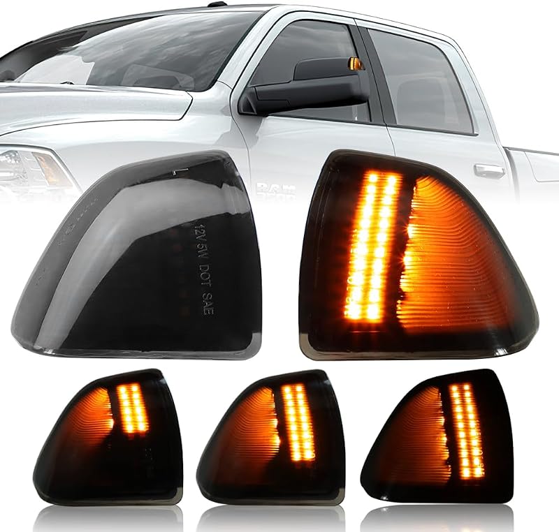 Luzes de seta sequenciais LED para retrovisor lateral KURLTCAAU Dodge Ram 1500 2500 3500 4500 5500 2010–2018 – Par, lentes fumê