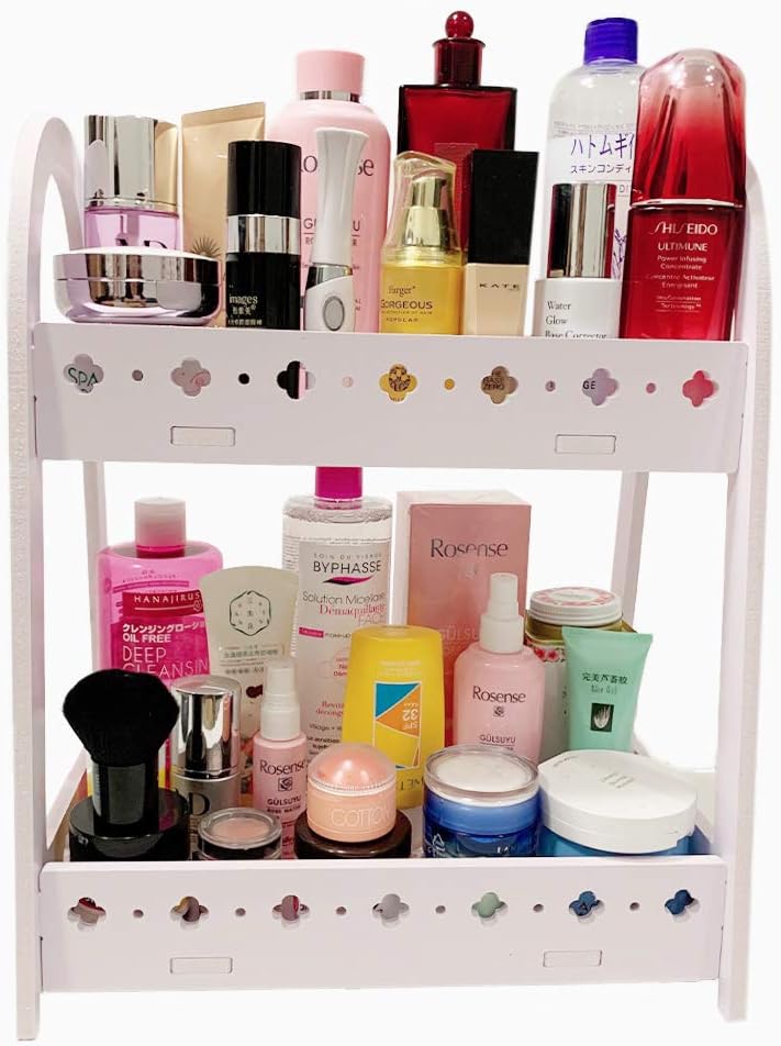 FunCuteMakeup Organizer [Waterproof] [Large Capacity] [Mufti-Functions] Bathroom Organizer Countertop with 2 Tiers, Durable Eco-Green PVC Material (Lucky Clover White)