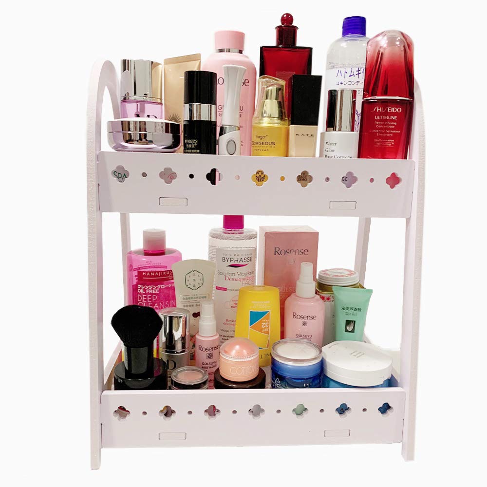 FunCuteMakeup Organizer [Waterproof] [Large Capacity] [Mufti-Functions] Bathroom Organizer Countertop with 2 Tiers, Durable Eco-Green PVC Material (Lucky Clover White)