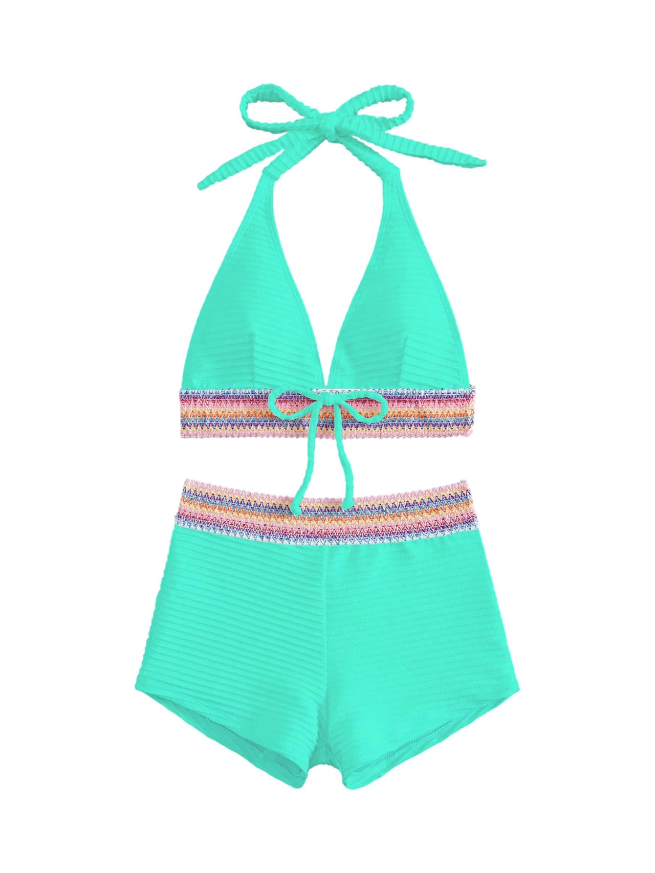 Costume da Bagno da Donna in 2 Pezzi A Righe Geometriche Boho con Allacciatura Allacciata sul Davanti, Costume da Bagno Verde Menta Piccolo