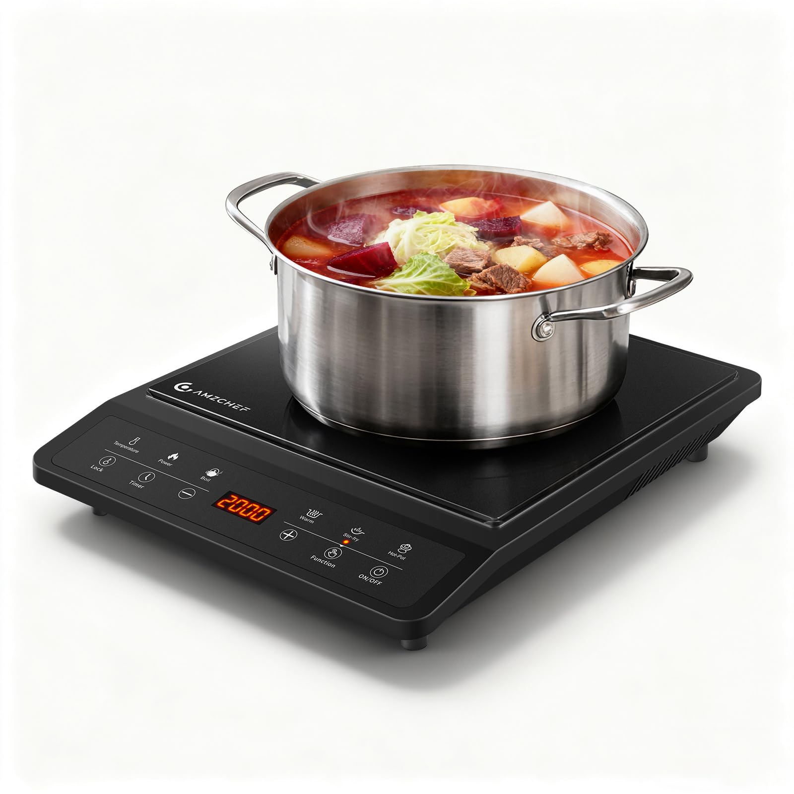 AMZCHEF Plaque Induction, Plaque à induction, 20 Réglages de Rempérature et de Puissance, Design Slim avec Plaque en Céramique Noire, Commande par Capteur, Timer 3H.