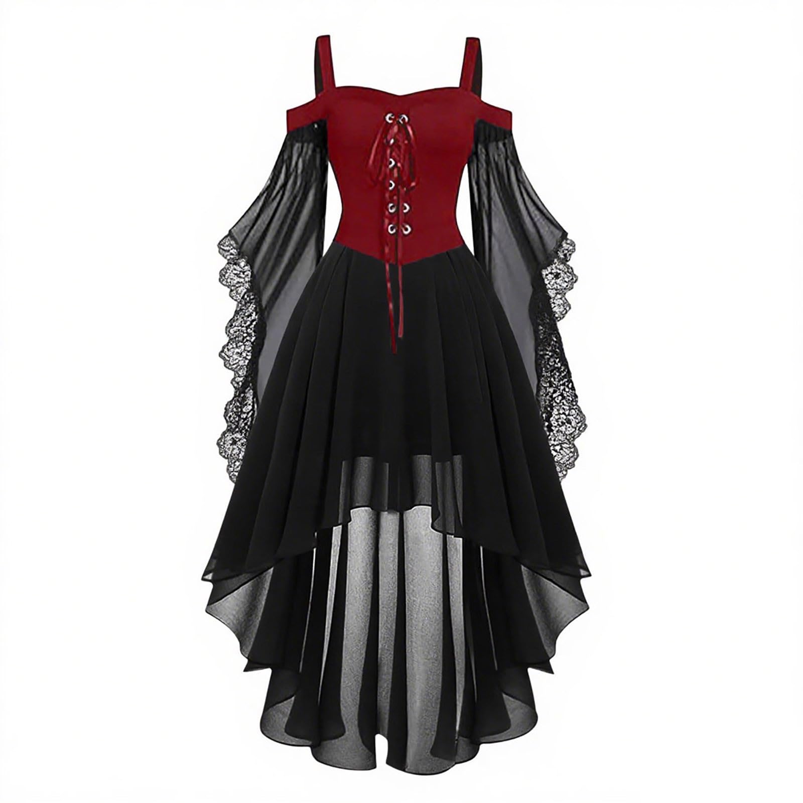 Medieval Costume Women, Halloween Dresses Vintage Lace Renaissance Victorian Dress Cold Shoulder Butterfly Sleeve Retro Steampunk Rockabilly Goth 80s Dress Ladies